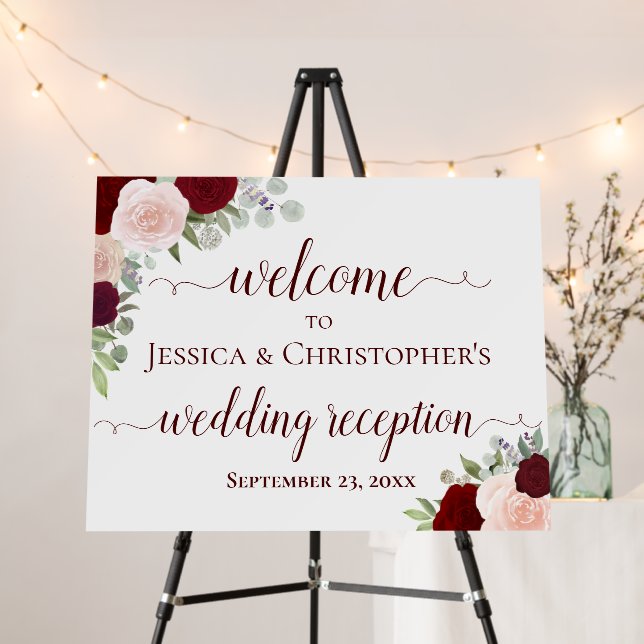 Burgundy Blush Roses Wedding Reception Welcome Foam Board (In Situ (Stand))