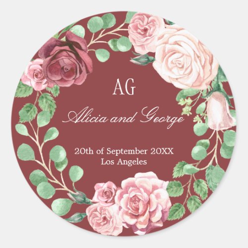 Burgundy Blush Roses Wreath Monogrammed Wedding Classic Round Sticker
