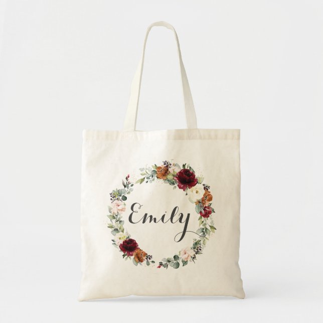 Burgundy Blush Rust Floral Flowers Wedding Favor  Tote Bag (Front)