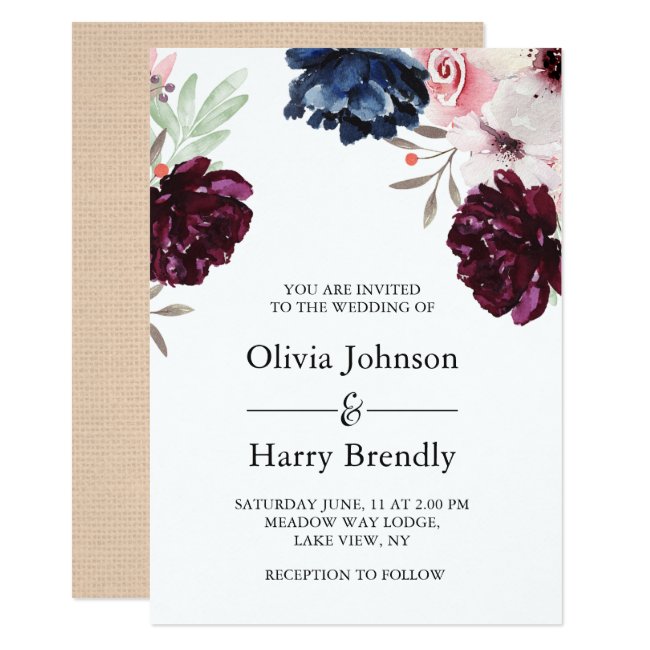 Burgundy Blush Rustic Burlap Floral Wedding Invitation