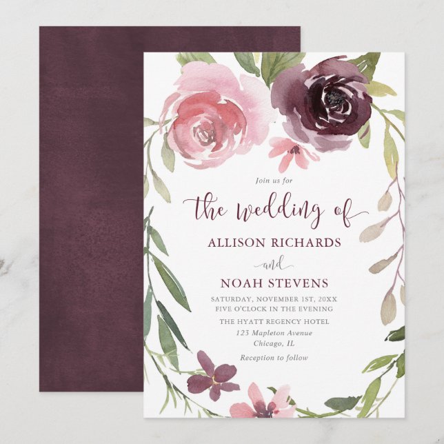 Burgundy blush rustic floral watercolor wedding invitation (Front/Back)