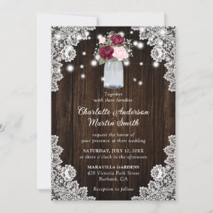 Burgundy Blush Rustic Wood Lace Floral Wedding Invitation