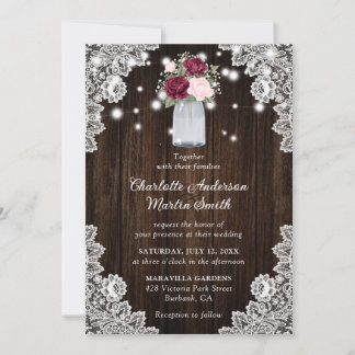 Burgundy Blush Rustic Wood Lace Floral Wedding Invitation
