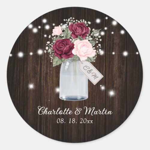 Burgundy Blush Rustic Wood Monogram Floral Wedding Classic Round Sticker