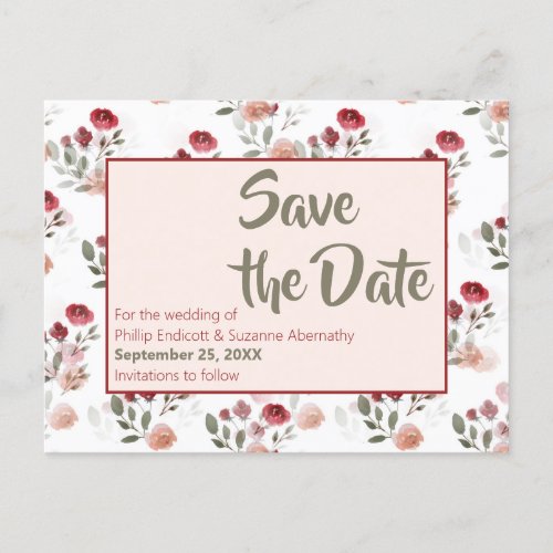 Burgundy Blush Sage Roses Pattern Save the Date Announcement Postcard