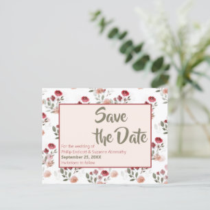 Burgundy Blush Sage Roses Pattern Save the Date Announcement Postcard