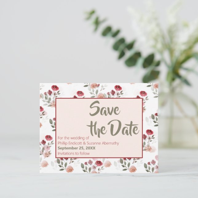 Burgundy Blush Sage Roses Pattern Save the Date Announcement Postcard (Standing Front)