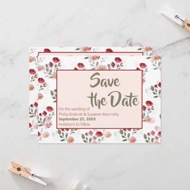 Burgundy Blush Sage Roses Pattern Save the Date  Invitation (Front/Back In Situ)
