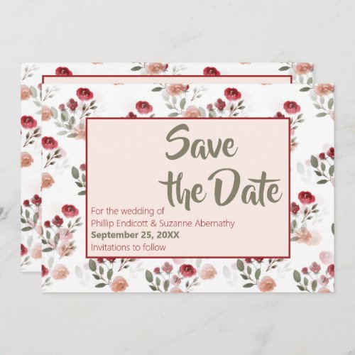 Burgundy Blush Sage Roses Pattern Save the Date  Invitation