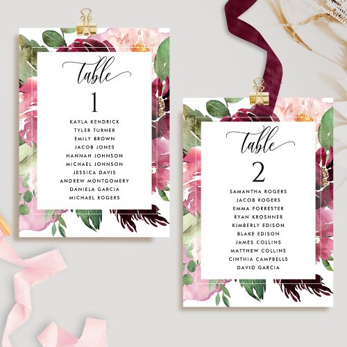 Burgundy Blush Seating Plan Cards with Guest Names