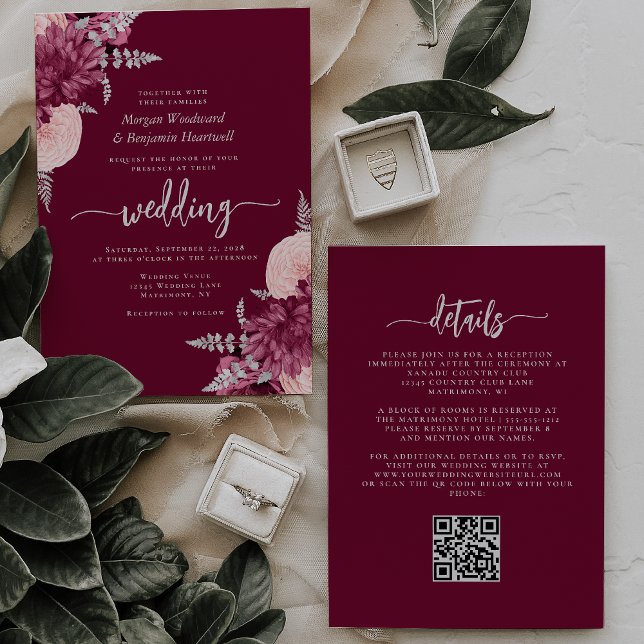 Burgundy Blush Silver Floral QR Code Wedding Invitation (Creator Uploaded)
