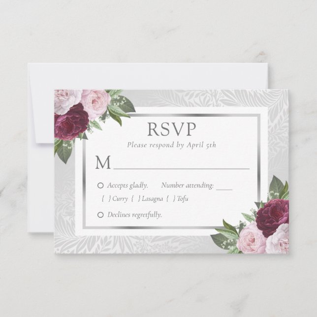 Burgundy Blush Silver Floral Wedding RSVP Cards (Front)