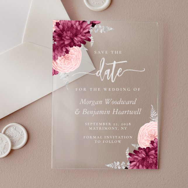 Burgundy Blush Silver Floral Wedding Save the Date (Creator Uploaded)