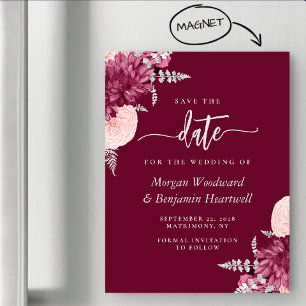 Burgundy Blush Silver Floral Wedding Save the Date Magnetic Invitation