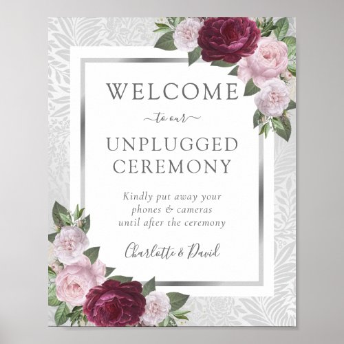 Burgundy Blush Silver Unplugged Wedding Sign