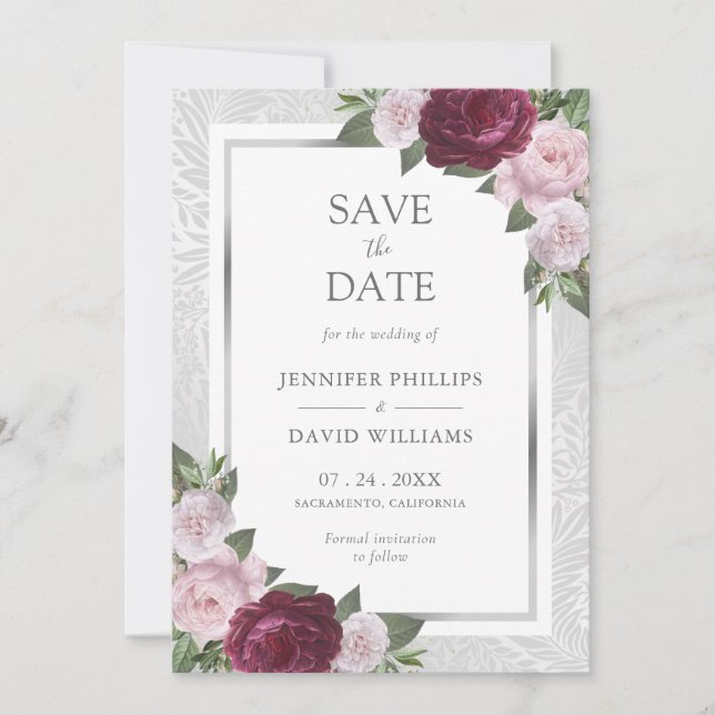 Burgundy Blush Silver Wedding Save The Date Cards (Front)