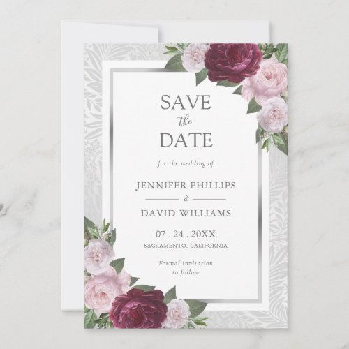 Burgundy Blush Silver Wedding Save The Date Cards