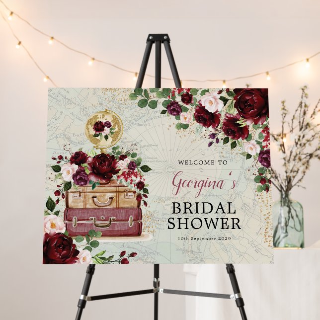 Burgundy Blush Travel Theme Bridal Shower Welcome Foam Board (In Situ (Stand))