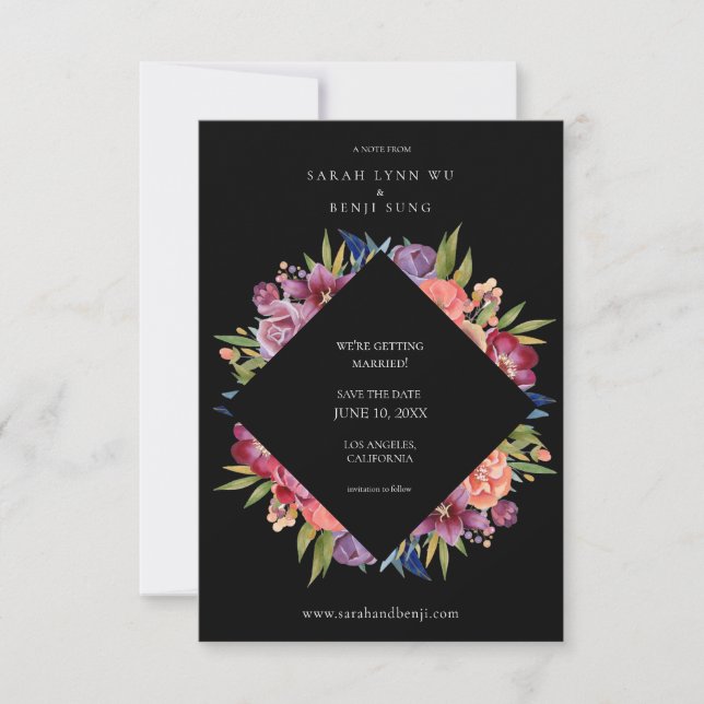 Burgundy Blush Tropical Floral Wedding- Black Save The Date (Front)