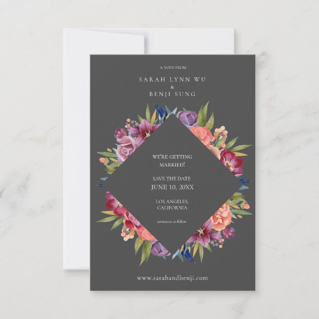 Burgundy Blush Tropical Floral Wedding- Gray Save The Date (Front)