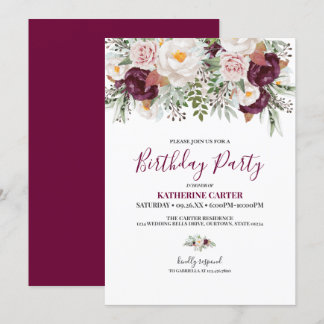 Burgundy Blush Watercolor Birthday Party Invitation
