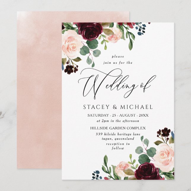 Burgundy & Blush Watercolor Elegant Spring Wedding Invitation (Front/Back)