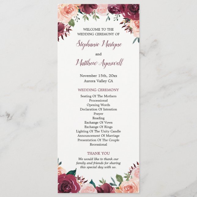 Burgundy Blush Watercolor Fall Floral Wedding Program (Front)