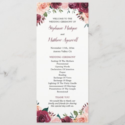 Burgundy Blush Watercolor Fall Floral Wedding Program