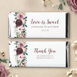 Burgundy Blush Watercolor Floral Botanical Wedding Hershey Bar Favors