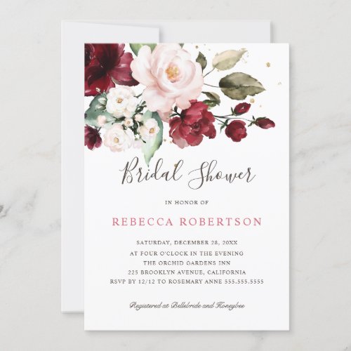 Burgundy Blush Watercolor Floral Bridal Shower Invitation