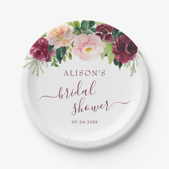 Burgundy Blush Watercolor Floral Bridal Shower Paper Plates (Front)