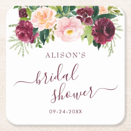 Burgundy Blush Watercolor Floral Bridal Shower Square Paper Coaster