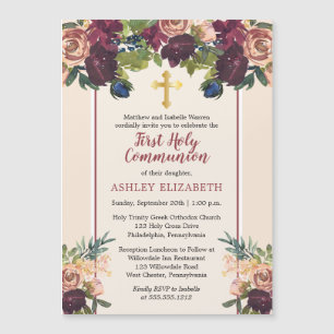 Burgundy Blush Watercolor Floral Communion Invit Magnetic Invitation