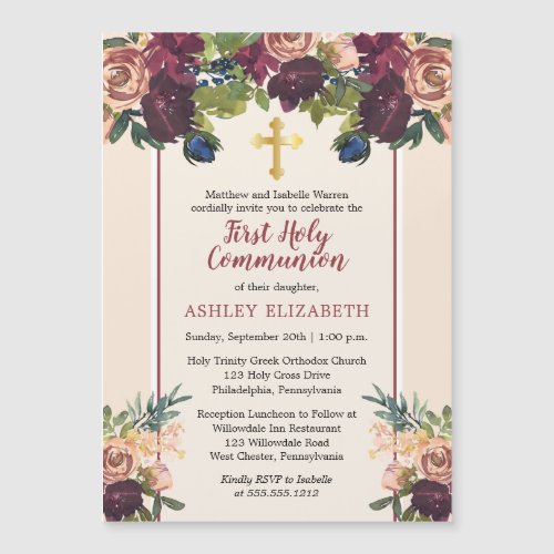 Burgundy  Blush Watercolor Floral Communion Invit Magnetic Invitation