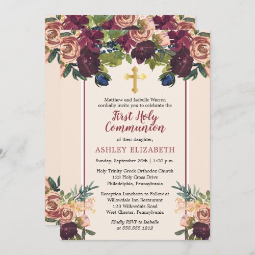 Burgundy  Blush Watercolor Floral Communion Invitation