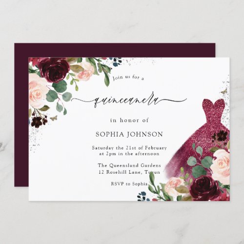 Burgundy Blush Watercolor Floral Dress Quinceanera Invitation