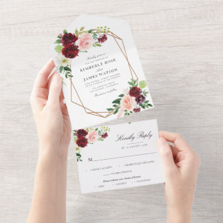 Burgundy blush watercolor floral geometric all in one invitation