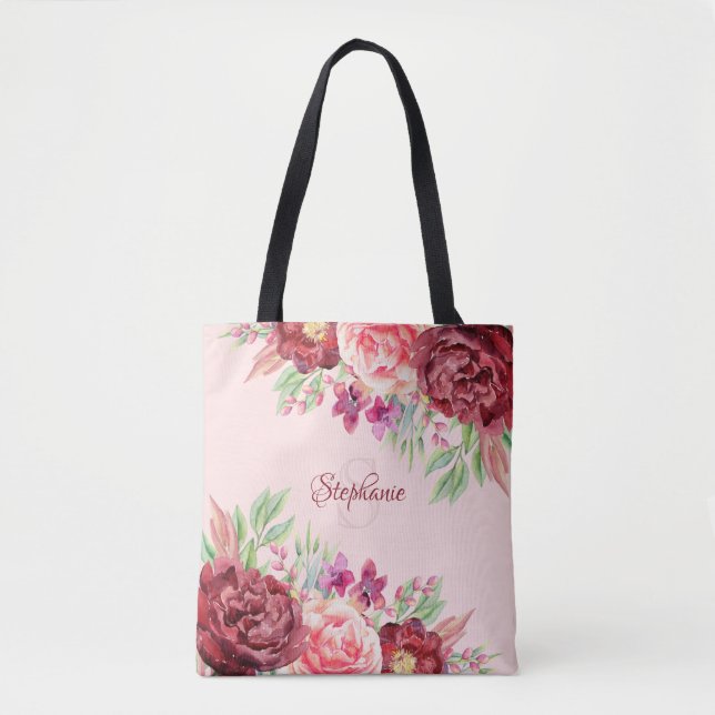 Burgundy Blush Watercolor Floral Monogram Tote Bag (Front)