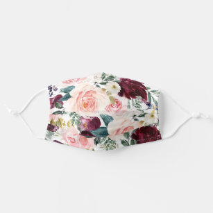 Burgundy Blush Watercolor Floral Pattern Adult Cloth Face Mask