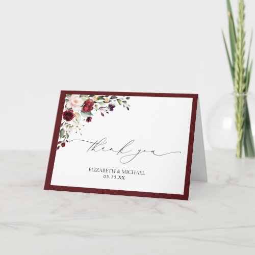 Burgundy Blush Watercolor Floral Photo Thank You Card
