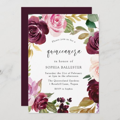 Burgundy Blush Watercolor Floral Quinceanera Party Invitation