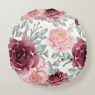 Burgundy blush watercolor floral round pillow