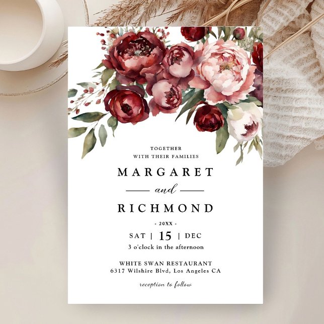 Burgundy & Blush Watercolor Floral Rustic Wedding Invitation (Creator Uploaded)