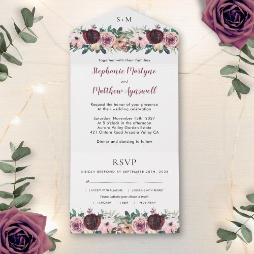 Burgundy Blush Watercolor Floral Wedding All In One Invitation