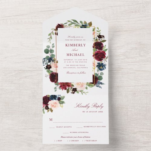 burgundy  blush watercolor floral wedding all in one invitation