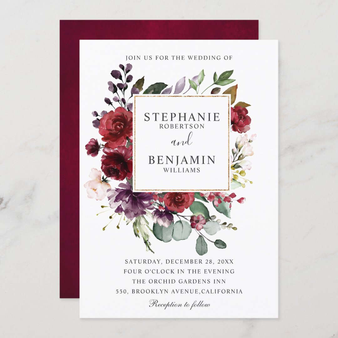 Burgundy Blush Watercolor Floral Wedding Invitation, Peony Roses Floral