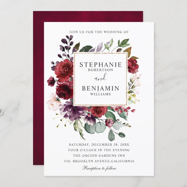 Burgundy Blush Watercolor Floral Wedding Invitation (Front/Back)
