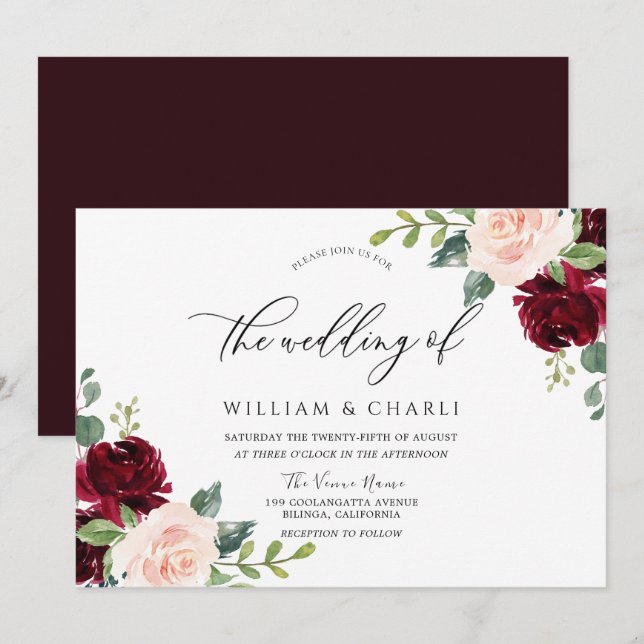 Burgundy Blush Watercolor Floral Wedding Invitation (Front/Back)