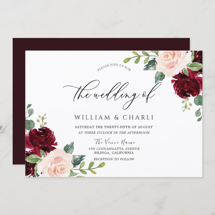 Burgundy And Blush Watercolor Floral Wedding Invitation | Zazzle