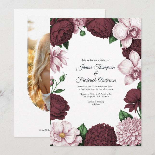 Burgundy & Blush Watercolor Floral Wedding Invitation (Front/Back)